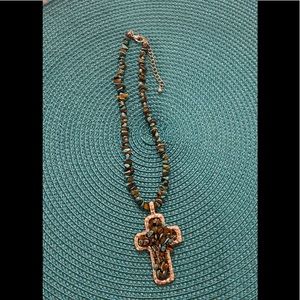 New Cross Necklace, Turquoise & Tiger’s Eye Stones & Silver Beads, 17 1/2” Long